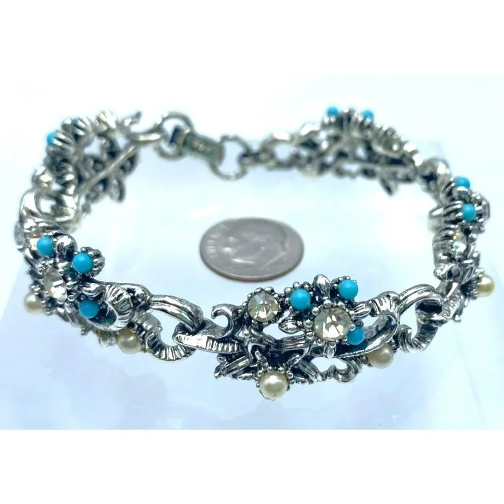 Vintage Star Jewelry Marked Bracelet Faux Pearl Turquoise Rhinestone 7 1/4" long - Picture 5 of 6